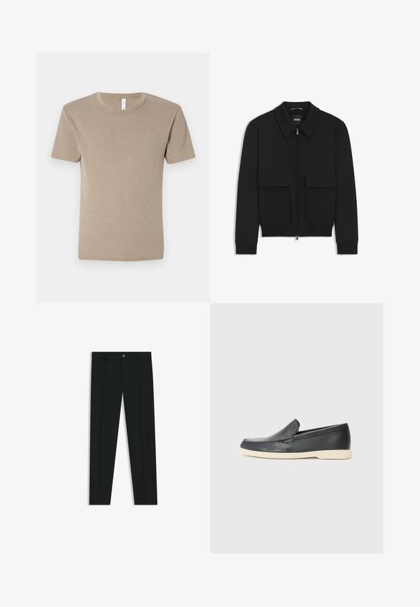 Black bomber jacket with a collared neck, zip front, and two large flap pockets. Features ribbed cuffs and hem, made of textured fabric.; Brown, short-sleeved T-shirt made of soft cotton. Features a crew neckline and a simple design without patterns or embellishments.; Black dress pants with a straight-leg design, made of smooth fabric. Features a front button closure and belt loops. Plain without patterns.; Black leather slip-on loafers with a textured finish and a contrasting beige rubber sole. Features a subtle accent along the front.