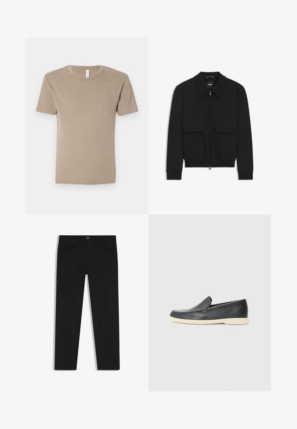 Schwarze Bikerjacke mit Kragen, Reißverschluss vorne und zwei großen Taschen mit Klappen. Mit Rippstrickbündchen und Saum, aus strukturiertem Stoff gefertigt.; Braunes, kurzärmliges T-Shirt aus weichem Baumwollstoff. Es hat einen Rundhalsausschnitt und ein einfaches Design ohne Muster oder Verzierungen.; Schwarze Denim-Hosen mit geradem Schnitt, ausgestattet mit einem Standardbund, fünf Taschen und einem Knopfverschluss. Angenehme, glatte Textur.; Schwarze Leder-Slipper mit strukturiertem Finish und einer kontrastierenden beige Gummisohle. Mit einem dezenten Akzent an der Vorderseite.