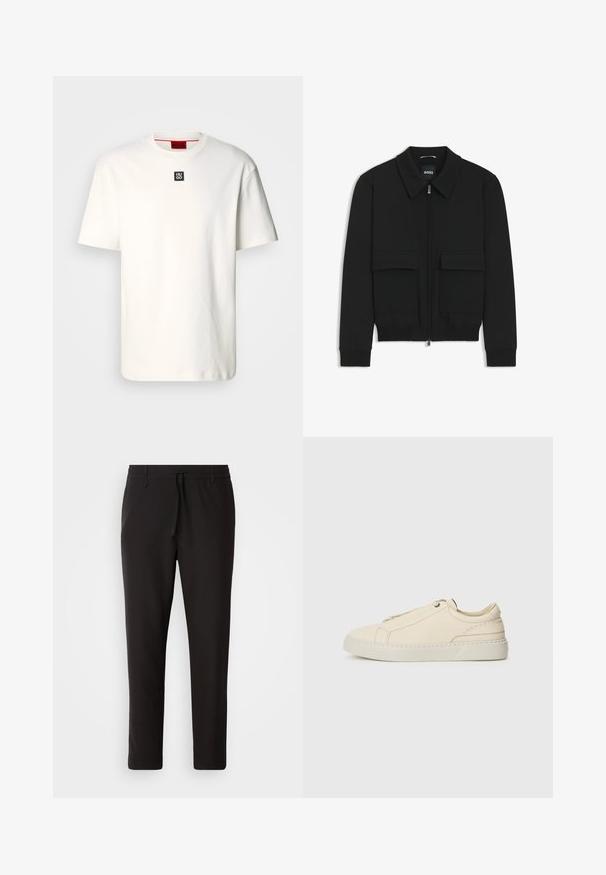 Czarna kurtka bomberka z kołnierzykiem, zapinana na zamek, z dwiema dużymi kieszeniami z klapami. Posiada ściągacze na mankietach i dole, wykonana z teksturowanej tkaniny.; Biała bawełniana koszulka z okrągłym dekoltem, krótkimi rękawami i małym czarnym kwadratowym logo z napisem "HUGO" na piersi. Prosty design, miękka faktura.; Czarne spodnie dresowe wykonane z gładkiego materiału. Posiadają elastyczny pas ze sznurkiem, zwężane nogawki oraz brak widocznych kieszeni. Prosty design.; Beżowe skórzane sneakersy z zaokrąglonym noskiem, minimalistycznym designem, subtelnymi przeszyciami i teksturowaną cholewką, na jasnej podeszwie.