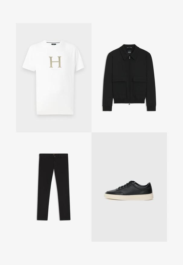 Musta pommikohva takki, jossa on kauluskulli, vetoketju etupuolella ja kaksi suurta läpällistä taskua. Varustettu ribbireunuksilla hihoissa ja helmassa, valmistettu teksturoituneesta kankaasta.; Valkoinen puuvillapaita lyhyillä hihoilla. Siinä on suuri kultainen kirjain "H" ja brändin nimi "Hackett" alla hillityllä fontilla. Pehmeä rakenne.; Mustat housut, jotka on valmistettu sileätekstiilisestä kankaasta. Varustettu nappikiinnityksellä, vyölenkeillä ja sivutaskuilla. Standardi suora lahjemalli.; Musta matalavartinen nahkastretchu, jossa on mustat nauhat ja vaaleanharmaa pohja, esitetty sivuprofiilissa valkoista taustaa vasten.