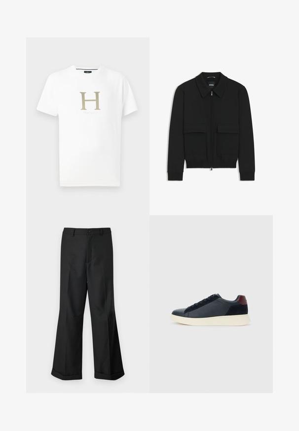 Sort bomberjakke med krave, lynlås foran og to store klaplommer. Har ribbede manchetter og bund, lavet af struktureret stof.; Hvid bomulds T-shirt med korte ærmer. Har et stort guld bogstav "H" og mærkenavnet "Hackett" nedenunder i en diskret skrift. Blød tekstur.; Sorte vide benbukser med knappet talje og opslåede ben, præsenteret mod en ensfarvet hvid baggrund.; Lave herresneakers i sort læder og ruskind med maroon hælflap og hvid gummisål, set fra ydersiden.