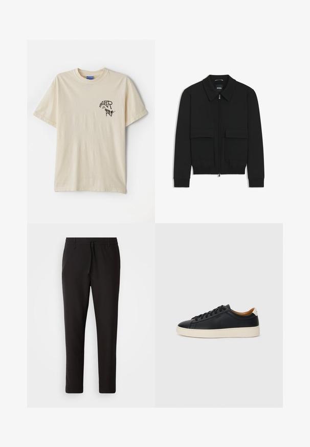 Black bomber jacket with a collared neck, zip front, and two large flap pockets. Features ribbed cuffs and hem, made of textured fabric.; Cream-colored cotton t-shirt with short sleeves, featuring a black graphic text and illustration on the left chest area.; Black jogger pants made of smooth fabric. Feature an elastic waistband with a drawstring, tapered legs, and no visible pockets. Simple design.; Black leather sneakers with a smooth texture, beige rubber sole, lace-up design, and a contrasting heel accent.