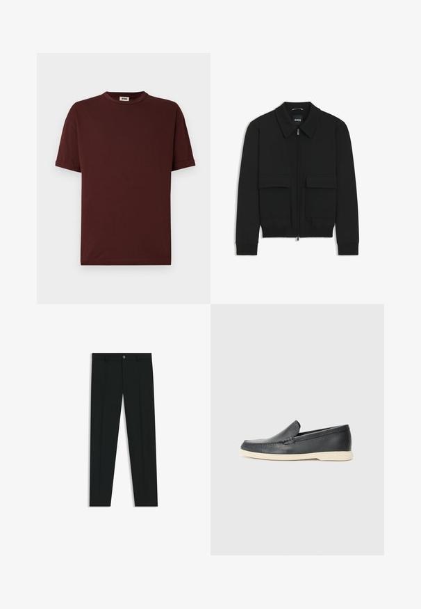 Black bomber jacket with a collared neck, zip front, and two large flap pockets. Features ribbed cuffs and hem, made of textured fabric.; Burgundy short-sleeve t-shirt made of soft fabric with a round neck and rolled sleeves. Simple design, no patterns or additional accents.; Black dress pants with a straight-leg design, made of smooth fabric. Features a front button closure and belt loops. Plain without patterns.; Black leather slip-on loafers with a textured finish and a contrasting beige rubber sole. Features a subtle accent along the front.