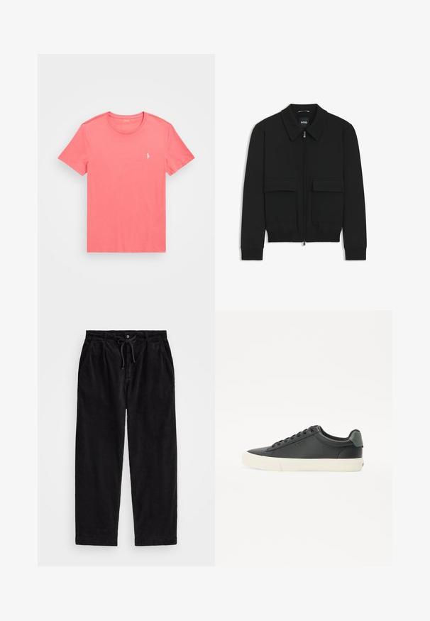 Giacca bomber nera con colletto, chiusura a zip frontale e due grandi tasche con patta. Presenta polsini e orlo a costine, realizzata in tessuto testurizzato.; T-shirt a maniche corte, collo a giro in corallo, realizzato in cotone con una texture liscia, caratterizzato da un piccolo logo bianco sul lato sinistro del petto.; Pantaloni in velluto a coste neri con una vestibilità rilassata, dotati di una vita elasticizzata con cordoncino e tasche laterali. Il tessuto presenta una texture a coste.; Sneaker in pelle nera con finitura testurizzata, suola in gomma bianca, punta rotonda e accento verde nel tallone. Design con sei occhielli per allacciatura.