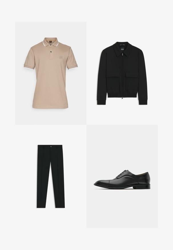 Giacca bomber nera con colletto, chiusura a zip frontale e due grandi tasche con patta. Presenta polsini e orlo a costine, realizzata in tessuto testurizzato.; BOSS PASSERTIP - Polo - open brown; Pantaloni neri in tessuto lisci, con design a gamba dritta. Presentano una chiusura frontale con bottone e passanti per cintura. Senza fantasie.; Scarpa da uomo in pelle nera con texture liscia, punta arrotondata e cinque occhielli. Presenta un tacco basso impilato e dettagli di cucitura sottili.