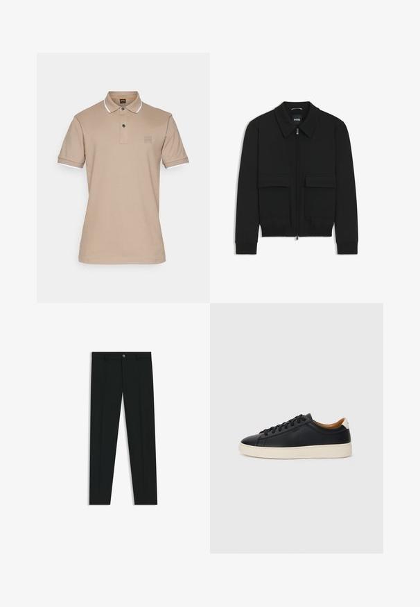 Schwarze Bikerjacke mit Kragen, Reißverschluss vorne und zwei großen Taschen mit Klappen. Mit Rippstrickbündchen und Saum, aus strukturiertem Stoff gefertigt.; BOSS PASSERTIP - Poloshirt - open brown; Schwarze Anzughosen mit geradem Bein, aus glattem Stoff. Mit Knopfverschluss vorne und Gürtelschlaufen. Schlicht ohne Muster.; Schwarze Ledersneaker mit glatter Textur, beiger Gummisohle, Schnürdesign und einem kontrastierenden Fersenakzent.