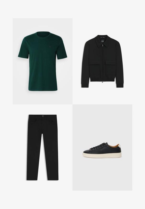 Veste bomber noire avec col, fermeture éclair à l'avant et deux grandes poches à rabat. Dotée de poignets et d'un bas côtelés, fabriquée en tissu texturé.; T-shirt en coton vert foncé avec un col rond, des manches courtes et un petit logo brodé sur la poitrine gauche. Texture lisse.; Pantalons en denim noir à coupe droite, avec une taille standard, cinq poches et une fermeture à bouton. Texture lisse sur toute la surface.; Baskets en cuir noir avec une texture lisse, semelle en caoutchouc beige, design à lacets et accent de talon contrasté.