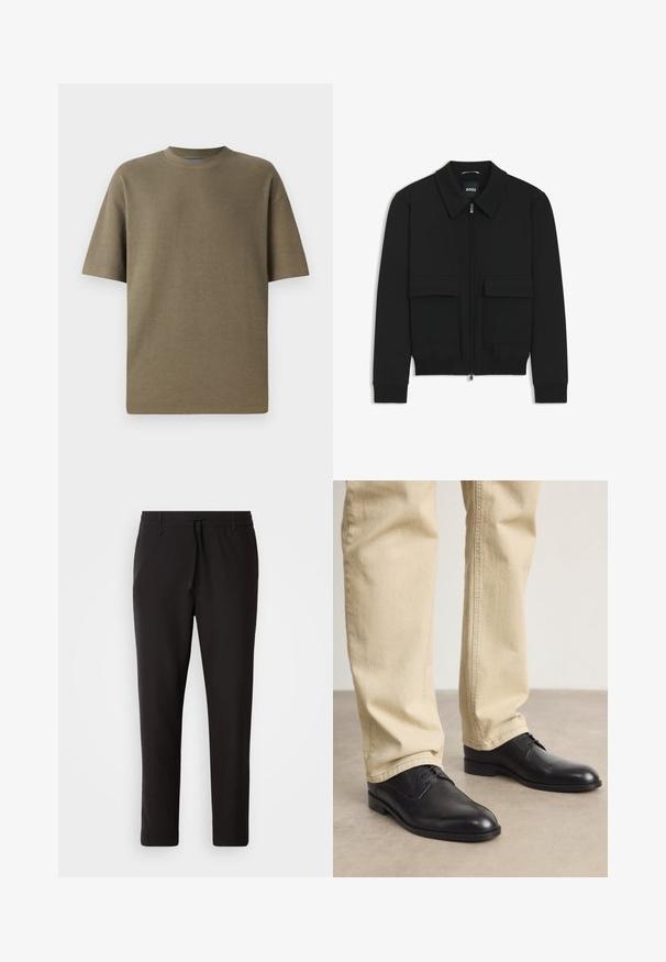 Zwarte bomberjack met een kraag, rits aan de voorkant en twee grote klepzakken. Heeft geribde manchetten en onderrand, gemaakt van textuurstof.; Khaki geribbelde t-shirt met korte mouwen en ronde hals, met een relaxte pasvorm en zachte textuur, geschikt voor casual wear.; Zwarte joggingsbroek van gladde stof. Kenmerkt zich door een elastische tailleband met een trekkoord, taps toelopende benen en geen zichtbare zakken. Eenvoudig ontwerp.; Zwarte leren veterschoenen met een ronde neus, een gladde afwerking en subtiele stikdetails, gedragen met lichtbeige broeken.