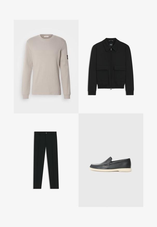 Musta pommikohva takki, jossa on kauluskulli, vetoketju etupuolella ja kaksi suurta läpällistä taskua. Varustettu ribbireunuksilla hihoissa ja helmassa, valmistettu teksturoituneesta kankaasta.; Pitkähiha beige puuvillapaita, jossa on pyöreä pääntie, ribbireunus ja pieni musta logo-patch vasemmassa hihassa.; Musta housut, joissa on suora lahje, valmistettu sileästä kankaasta. Edessä nappisulku ja vyölenkit. Yksinkertainen ilman kuvioita.; Mustat nahkakengät ilman nauhoja, joissa on teksturoitu pinta ja kontrastoiva beige kumipohja. Kengissä on hillitty yksityiskohta etuosassa.