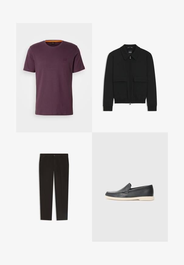 Giacca bomber nera con colletto, chiusura a zip frontale e due grandi tasche con patta. Presenta polsini e orlo a costine, realizzata in tessuto testurizzato.; T-shirt di cotone viola con collo rotondo, maniche corte e un piccolo logo ricamato sul lato sinistro del petto. Texture liscia, vestibilità regolare.; Pantaloni neri con un design a gamba dritta, realizzati in un tessuto liscio. Presentano una chiusura con bottone e tasche frontali. Senza motivi o accenti visibili.; Mocassini neri in pelle con finitura testurizzata e suola in gomma beige a contrasto. Presentano un accento sottile lungo la parte anteriore.