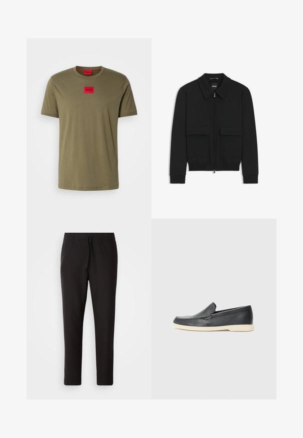 Black bomber jacket with a collared neck, zip front, and two large flap pockets. Features ribbed cuffs and hem, made of textured fabric.; Olive green cotton t-shirt with a round neckline, short sleeves, and a red square logo patch on the chest. Smooth texture.; Black jogger pants made of smooth fabric. Feature an elastic waistband with a drawstring, tapered legs, and no visible pockets. Simple design.; Black leather slip-on loafers with a textured finish and a contrasting beige rubber sole. Features a subtle accent along the front.