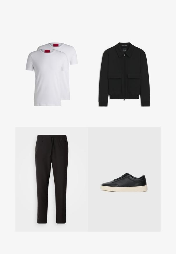 Black bomber jacket with a collared neck, zip front, and two large flap pockets. Features ribbed cuffs and hem, made of textured fabric.; Two plain white crew neck t-shirts, short sleeve, made of cotton, featuring a red HUGO tag at the neckline. No patterns or graphics.; Black jogger pants made of smooth fabric. Feature an elastic waistband with a drawstring, tapered legs, and no visible pockets. Simple design.; Black low-top leather sneaker with black laces and off-white sole shown in side profile on white background.