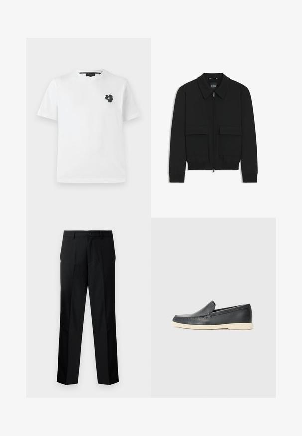 Chaqueta bomber negra con cuello tipo camisa, cierre frontal de cremallera y dos grandes bolsillos con solapa. Presenta puños ribeteados y dobladillo, confeccionada en tela texturizada.; Camiseta de algodón blanca con cuello en V, que presenta un pequeño gráfico floral negro en la parte izquierda del pecho. Mangas cortas con un corte relajado.; Pantalones negros de corte recto y ajustados, con cierre de botón, cremallera y trabillas para cinturón. Tejido suave con bolsillos laterales.; Mocasines de piel negra sin cordones con un acabado texturizado y una suela de goma beige en contraste. Presentan un sutil acento en la parte frontal.