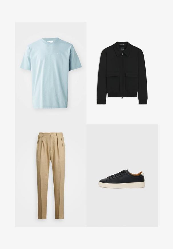 Black bomber jacket with a collared neck, zip front, and two large flap pockets. Features ribbed cuffs and hem, made of textured fabric.; Light blue cotton T-shirt with short sleeves, crew neck, and small white branding on the front. Smooth texture, casual design.; Beige linen trousers with a straight cut, featuring two front pleats, a button closure, and side pockets. Textured fabric with a smooth finish.; Black leather sneakers with a smooth texture, beige rubber sole, lace-up design, and a contrasting heel accent.