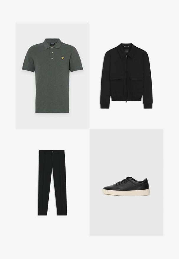 Giacca bomber nera con colletto, chiusura a zip frontale e due grandi tasche con patta. Presenta polsini e orlo a costine, realizzata in tessuto testurizzato.; Polo shirt verde scuro in tessuto leggero, con apertura a tre bottoni e logo di un uccello ricamato in giallo sul lato sinistro del petto.; Pantaloni neri in tessuto lisci, con design a gamba dritta. Presentano una chiusura frontale con bottone e passanti per cintura. Senza fantasie.; Sneaker in pelle nera a basso profilo con lacci neri e suola avorio, mostrato di profilo su sfondo bianco.