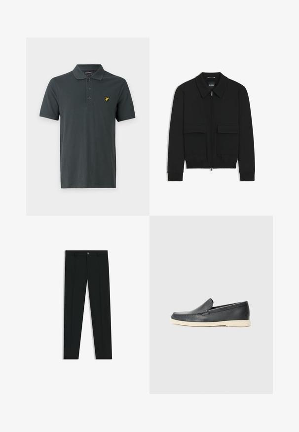 Sort bomberjakke med krave, lynlås foran og to store klaplommer. Har ribbede manchetter og bund, lavet af struktureret stof.; Polo shirt i mørkegrå bomuld med klassisk krave, tre-knaps plakette og et lille broderet gult logo på venstre bryst.; Sorte dressbukser med lige ben-design, lavet af glat stof. Har en frontlukning med knap og bæltestropper. Enkle uden mønstre.; Sorte læder slip-on loafers med en struktureret overflade og en kontrasterende beige gummisål. Har en subtil detalje langs forsiden.