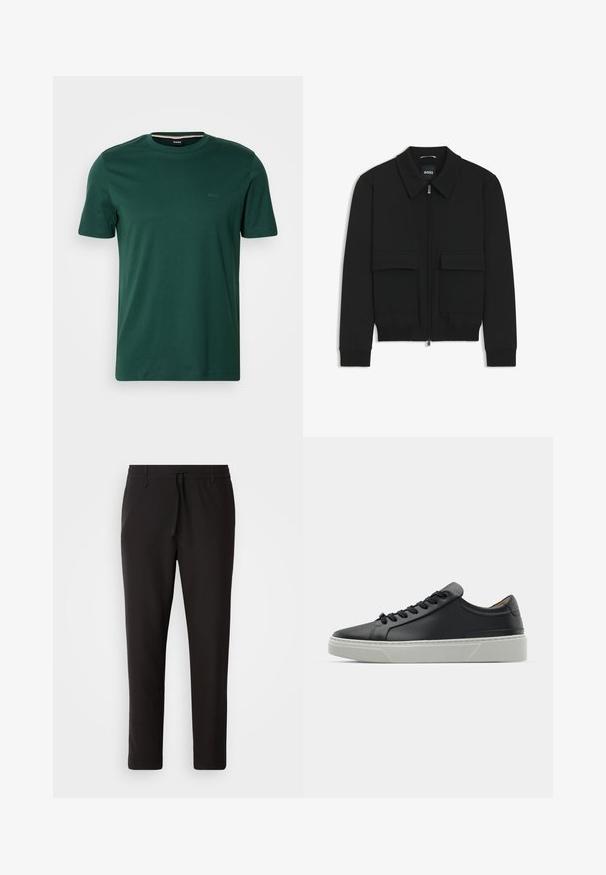 Black bomber jacket with a collared neck, zip front, and two large flap pockets. Features ribbed cuffs and hem, made of textured fabric.; BOSS THOMPSON - Basic T-shirt - open green; Black jogger pants made of smooth fabric. Feature an elastic waistband with a drawstring, tapered legs, and no visible pockets. Simple design.; Black leather sneaker with a smooth texture, round toe, and black laces. Features a thick, white rubber sole with subtle geometric accents.