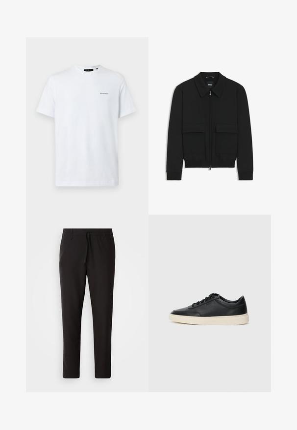 Black bomber jacket with a collared neck, zip front, and two large flap pockets. Features ribbed cuffs and hem, made of textured fabric.; White cotton t-shirt with short sleeves, ribbed crew neckline, and a small gray "BELSTAFF" logo on the left chest area.; Black jogger pants made of smooth fabric. Feature an elastic waistband with a drawstring, tapered legs, and no visible pockets. Simple design.; Black low-top leather sneaker with black laces and off-white sole shown in side profile on white background.