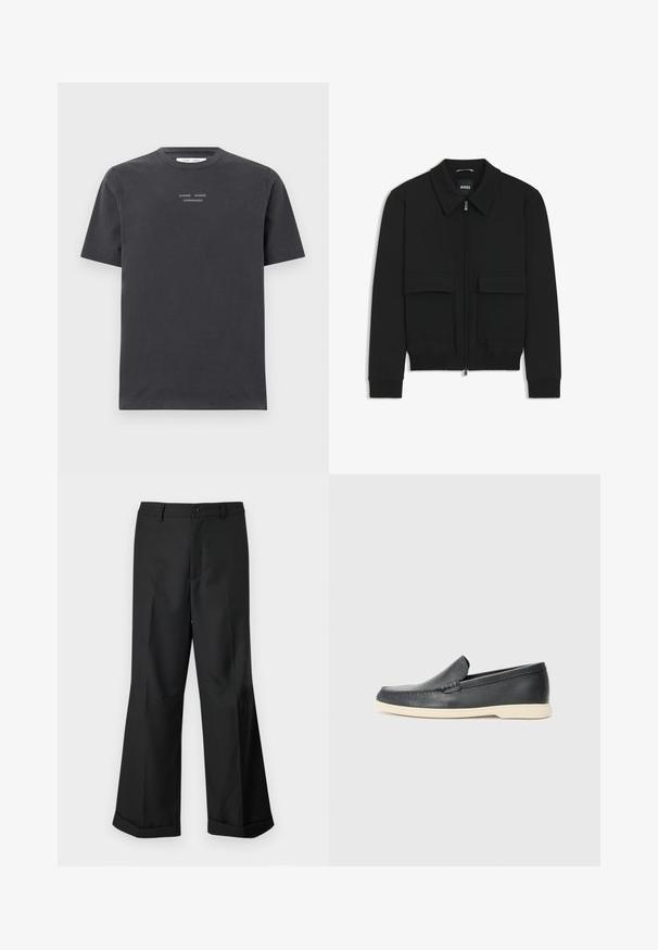 Black bomber jacket with a collared neck, zip front, and two large flap pockets. Features ribbed cuffs and hem, made of textured fabric.; Dark gray cotton t-shirt with short sleeves and a crew neckline, featuring white embroidered text "SAMSØE SAMSØE COPENHAGEN" on the chest.; Black wide-leg trousers with buttoned waistband and cuffed hems, displayed against a plain white background.; Black leather slip-on loafers with a textured finish and a contrasting beige rubber sole. Features a subtle accent along the front.