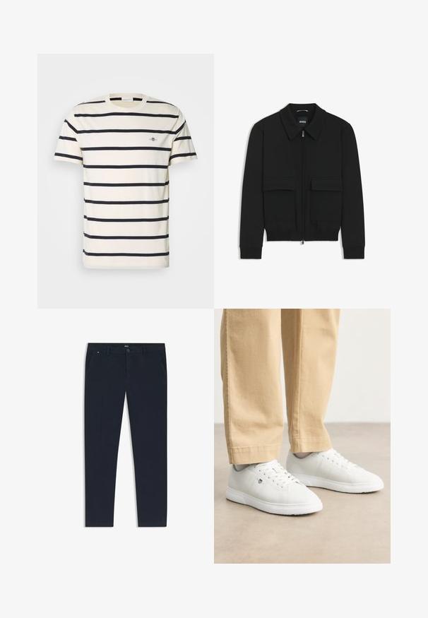 Schwarze Bikerjacke mit Kragen, Reißverschluss vorne und zwei großen Taschen mit Klappen. Mit Rippstrickbündchen und Saum, aus strukturiertem Stoff gefertigt.; Herren T-Shirt mit kurzen Ärmeln in Creme mit horizontalen Marineblauen Streifen, aus Baumwolle gefertigt, mit Rundhalsausschnitt und kleinem Logo auf der Brust.; Marineblaue Hose aus leichtem Stoff mit geradem Bein, seitlichen Taschen und einem Frontverschluss mit Knopf sowie einem Branding-Detail.; Weiße Ledersneaker mit glatter Oberfläche, runde Zehenpartie, Schnürdesign und dezente Logo-Details an der Seite, kombiniert mit beigen Hosen.