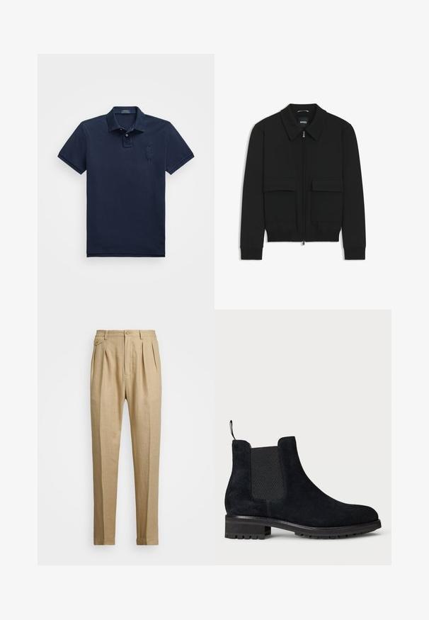 Svart bomberjacka med krage, dragkedja framtill och två stora klafffickor. Har ribbade mudd och nederkant, tillverkad av strukturerad tyg.; Mörkblå kortärmad pikétröja i bomull med tre knappar fram, krage och broderad logga på vänster bröst.; Beiga linnbyxor med rak passform, med två framveck, knappstängning och sidofickor. Strukturerad tyg med en mjuk yta.; Svart mocka Chelsea-boot med elastisk sidopanel, dragflik vid hälen och kraftig gummisula med låg klack.