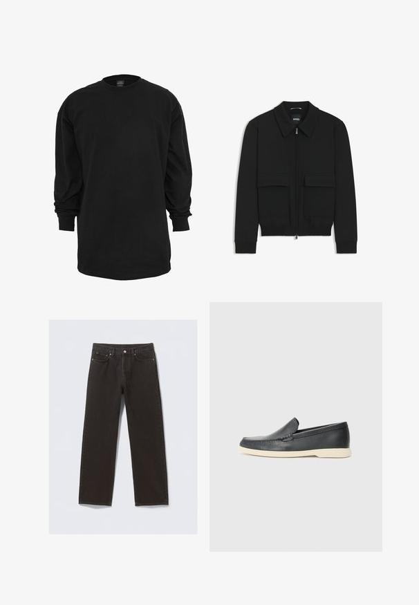 Giacca bomber nera con colletto, chiusura a zip frontale e due grandi tasche con patta. Presenta polsini e orlo a costine, realizzata in tessuto testurizzato.; T-shirt nero a maniche lunghe realizzato in cotone. Presenta un colletto rotondo e una vestibilità regolare. Texture liscia senza motivi o accenti visibili.; Jeans in denim nero con design a gamba dritta, cinque tasche e cuciture color rame. Tessuto liscio, chiusura a bottone classica in vita.; Mocassini neri in pelle con finitura testurizzata e suola in gomma beige a contrasto. Presentano un accento sottile lungo la parte anteriore.