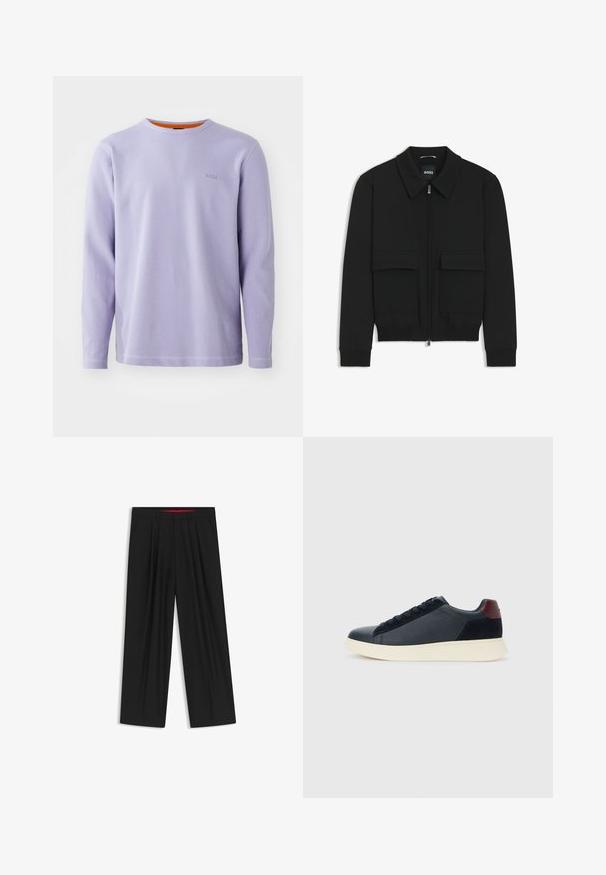 Musta pommikohva takki, jossa on kauluskulli, vetoketju etupuolella ja kaksi suurta läpällistä taskua. Varustettu ribbireunuksilla hihoissa ja helmassa, valmistettu teksturoituneesta kankaasta.; Pitkähihainen violetti ribbipaita, jossa on pyöreä kaula-aukko. Paidassa on hienovarainen brändilogo rinnassa ja kontrastivärinen oranssi sisäkauluskappale.; Musta leveälahkeinen housu, jossa on litteä etuosa, kaksi sivupistettä, laskostettu muotoilu ja kontrastivärinen punainen vyötärön sisäosa.; Miestne bežecké tenisky s nízkym strihom v čiernej koži a semišovej úprave s bordovým jazykom a bielou gumovou podrážkou, pohľad z vonkajšej strany.