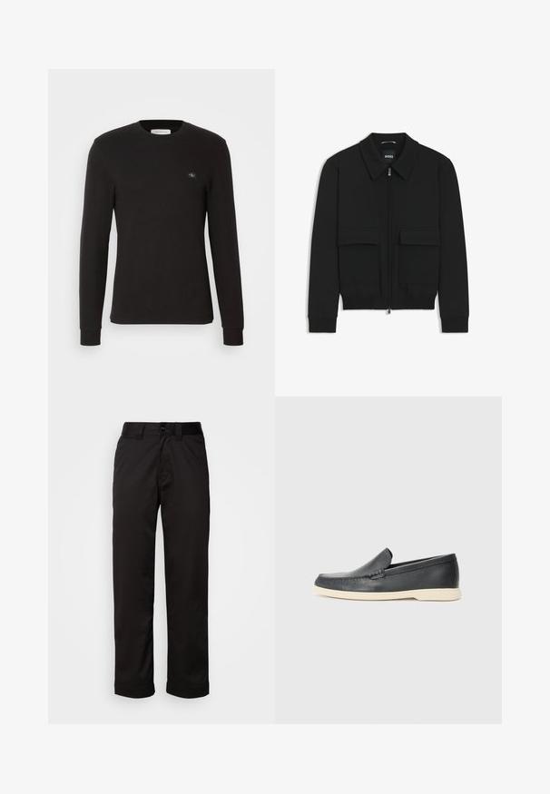Black bomber jacket with a collared neck, zip front, and two large flap pockets. Features ribbed cuffs and hem, made of textured fabric.; Black long-sleeve shirt made of ribbed fabric. Features a crew neck and a small logo patch on the left chest, with fitted cuffs at the sleeves.; Black trousers made of smooth fabric, featuring a zip fly, button closure, and rolled cuffs for a casual design.; Black leather slip-on loafers with a textured finish and a contrasting beige rubber sole. Features a subtle accent along the front.
