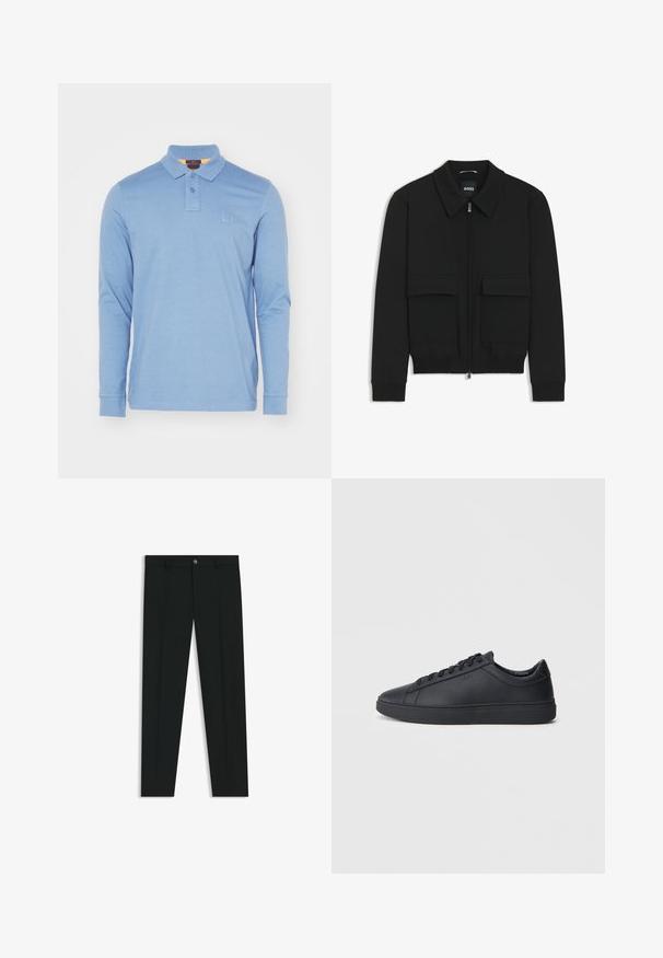 Musta pommikohva takki, jossa on kauluskulli, vetoketju etupuolella ja kaksi suurta läpällistä taskua. Varustettu ribbireunuksilla hihoissa ja helmassa, valmistettu teksturoituneesta kankaasta.; Paita polo lengan panjang dari katun berwarna biru muda. Memiliki kerah klasik, kancing dua, dan patch logo kecil di dada.; Musta housut, joissa on suora lahje, valmistettu sileästä kankaasta. Edessä nappisulku ja vyölenkit. Yksinkertainen ilman kuvioita.; Mustat lenkkarit, jotka on valmistettu sileästä nahasta, matalalla varrella, pyöreällä varvalla ja tasaisella kumipohjalla. Varusteena nauhat ja huomaamaton brändäys.