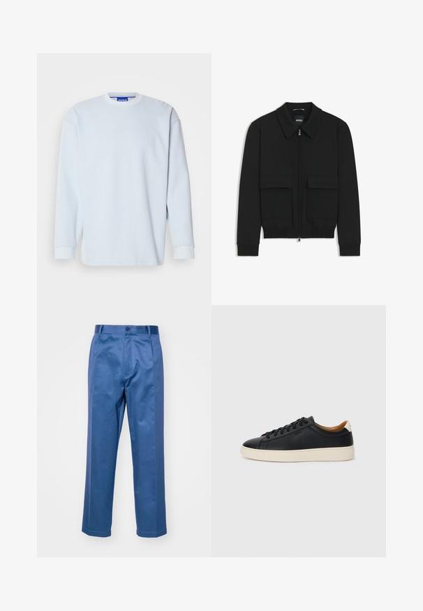 Black bomber jacket with a collared neck, zip front, and two large flap pockets. Features ribbed cuffs and hem, made of textured fabric.; Light blue long-sleeve sweater made of textured fabric. Features a round neckline and ribbed cuffs, with branding visible on the collar.; Blue trousers made of a smooth fabric, featuring a straight-leg design, a button closure, and subtle stitching details.; Black leather sneakers with a smooth texture, beige rubber sole, lace-up design, and a contrasting heel accent.