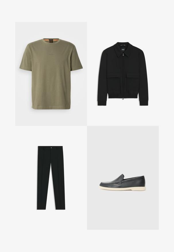 Black bomber jacket with a collared neck, zip front, and two large flap pockets. Features ribbed cuffs and hem, made of textured fabric.; Olive green cotton crew neck t-shirt with short sleeves, featuring a subtle embossed logo on the chest and a relaxed fit.; Black dress pants with a straight-leg design, made of smooth fabric. Features a front button closure and belt loops. Plain without patterns.; Black leather slip-on loafers with a textured finish and a contrasting beige rubber sole. Features a subtle accent along the front.
