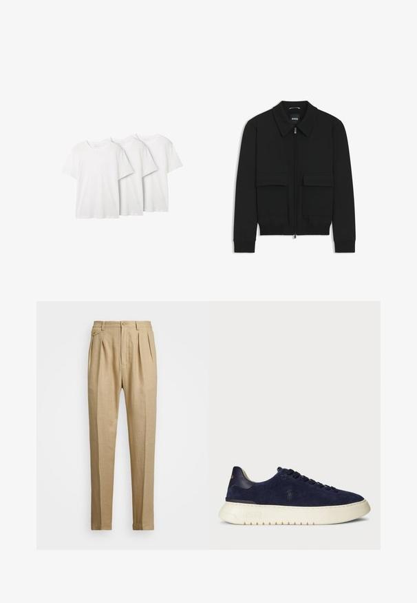 Zwarte bomberjack met een kraag, rits aan de voorkant en twee grote klepzakken. Heeft geribde manchetten en onderrand, gemaakt van textuurstof.; Drie eenvoudige witte t-shirts met ronde hals, gemaakt van katoen. Korte mouwen met een ontspannen pasvorm. Elk heeft een etiket bij de hals. Geen patronen of accenten.; Beige linnen broek met een rechte snit, voorzien van twee voorplooien, een knoopsluiting en zijzakken. Gestructureerde stof met een gladde afwerking.; Marineblauwe suède lage sneaker met een textuur, rubberen zool en tonale veters, met een klein logo aan de zijkant en op de hiel.