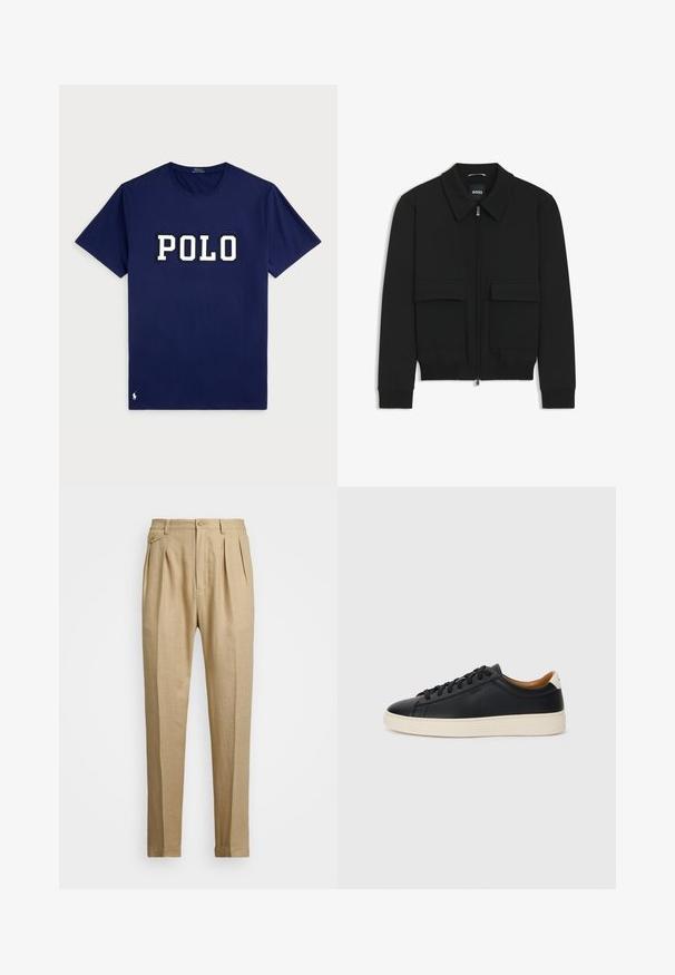 Black bomber jacket with a collared neck, zip front, and two large flap pockets. Features ribbed cuffs and hem, made of textured fabric.; Navy blue cotton t-shirt with short sleeves featuring a large white "POLO" logo in a bold font and a small logo detail on the hem.; Beige linen trousers with a straight cut, featuring two front pleats, a button closure, and side pockets. Textured fabric with a smooth finish.; Black leather sneakers with a smooth texture, beige rubber sole, lace-up design, and a contrasting heel accent.