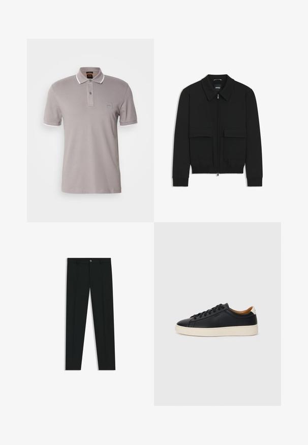 Schwarze Bikerjacke mit Kragen, Reißverschluss vorne und zwei großen Taschen mit Klappen. Mit Rippstrickbündchen und Saum, aus strukturiertem Stoff gefertigt.; Grau Polo-Shirt aus weichem Baumwollmaterial, mit einer Zweiknopfleiste, weißen Kragenakzenten und einem kleinen Logopatch auf der Brust.; Schwarze Anzughosen mit geradem Bein, aus glattem Stoff. Mit Knopfverschluss vorne und Gürtelschlaufen. Schlicht ohne Muster.; Schwarze Ledersneaker mit glatter Textur, beiger Gummisohle, Schnürdesign und einem kontrastierenden Fersenakzent.