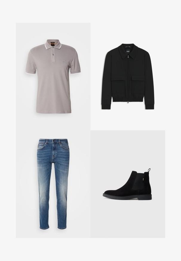 Schwarze Bikerjacke mit Kragen, Reißverschluss vorne und zwei großen Taschen mit Klappen. Mit Rippstrickbündchen und Saum, aus strukturiertem Stoff gefertigt.; Grau Polo-Shirt aus weichem Baumwollmaterial, mit einer Zweiknopfleiste, weißen Kragenakzenten und einem kleinen Logopatch auf der Brust.; Blaue Jeans aus Denim mit geradem Bein, leichter Ausbleichung, klassischer Fünf-Taschen-Stil und einem Reißverschluss mit Knopfverschluss.; Schwarze Wildleder Chelsea-Boots mit elastischen seitlichen Einsätzen, runder Spitze und einer niedrigen Gummisohle. Mit einem Zugtab an der Rückseite für einfaches Anziehen.