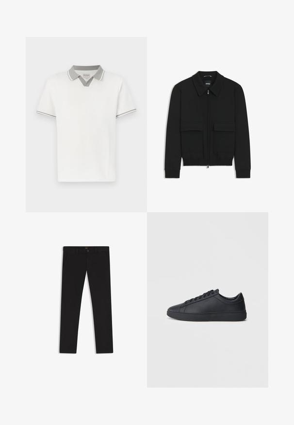 Zwarte bomberjack met een kraag, rits aan de voorkant en twee grote klepzakken. Heeft geribde manchetten en onderrand, gemaakt van textuurstof.; Witte polo met korte mouwen en lichtgrijze kraag en mouwafwerking, met een V-vormige uitsparing onder de kraag en een klein merkembleem aan de binnenkant.; Zwarte broek van stof met een gladde textuur. Bevat een knoopsluiting, riemlussen en zijzakken. Standaard straight-leg ontwerp.; Zwarte sneakers van glad leer met een lage schacht, ronde neus en platte rubberen zool. Voorzien van veters en subtiele branding.