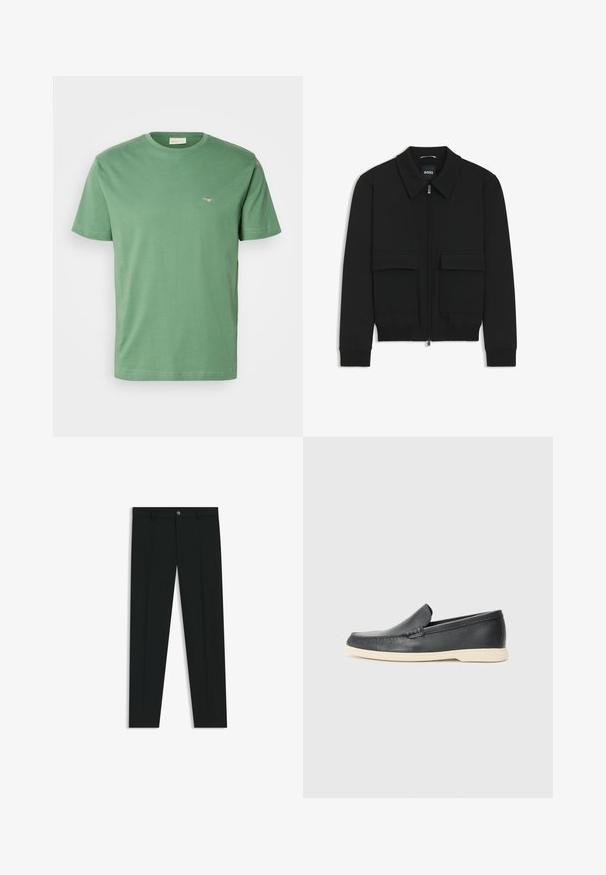 Black bomber jacket with a collared neck, zip front, and two large flap pockets. Features ribbed cuffs and hem, made of textured fabric.; GANT PRINTED ARCHIVE SHIELD - Basic T-shirt - dried forest; Black dress pants with a straight-leg design, made of smooth fabric. Features a front button closure and belt loops. Plain without patterns.; Black leather slip-on loafers with a textured finish and a contrasting beige rubber sole. Features a subtle accent along the front.