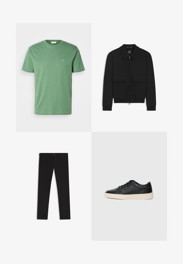 Schwarze Bikerjacke mit Kragen, Reißverschluss vorne und zwei großen Taschen mit Klappen. Mit Rippstrickbündchen und Saum, aus strukturiertem Stoff gefertigt.; GANT PRINTED ARCHIVE SHIELD - T-Shirt basic - dried forest; Schwarze Hosen aus einem Stoff mit glatter текстуре. Verfügt über einen Knopfverschluss, Gürtelschlaufen und Seitentaschen. Klassisches Design mit geradem Bein.; Schwarzer niedriger Ledersneaker mit schwarzen Schnürsenkeln und cremefarbenem Sohlenrand, seitlich auf weißem Hintergrund dargestellt.