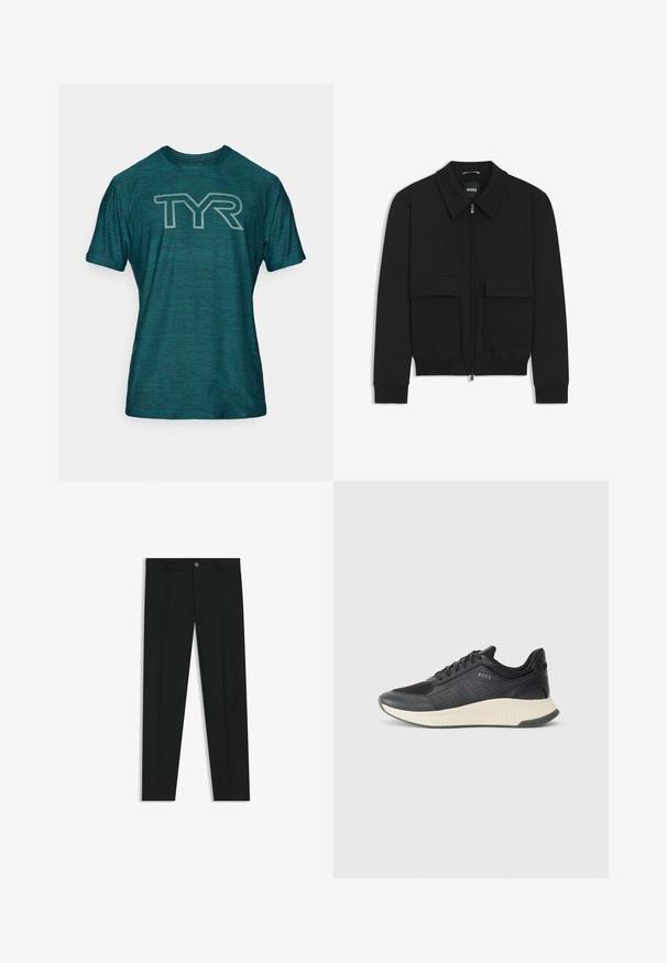 Chaqueta bomber negra con cuello tipo camisa, cierre frontal de cremallera y dos grandes bolsillos con solapa. Presenta puños ribeteados y dobladillo, confeccionada en tela texturizada.; Camiseta atlética en color teal hecha de material transpirable, con mangas cortas y un acabado texturizado. Gran logo gris "TYR" en la parte delantera.; Pantalones de vestir negros con un diseño de pierna recta, hechos de una tela suave. Cuentan con un cierre frontal de botón y lazos para cinturón. Liso, sin patrones.; Zapatilla deportiva negra con parte superior de malla perforada, una entresuela texturizada en color crema y una suela de goma para mayor tracción.