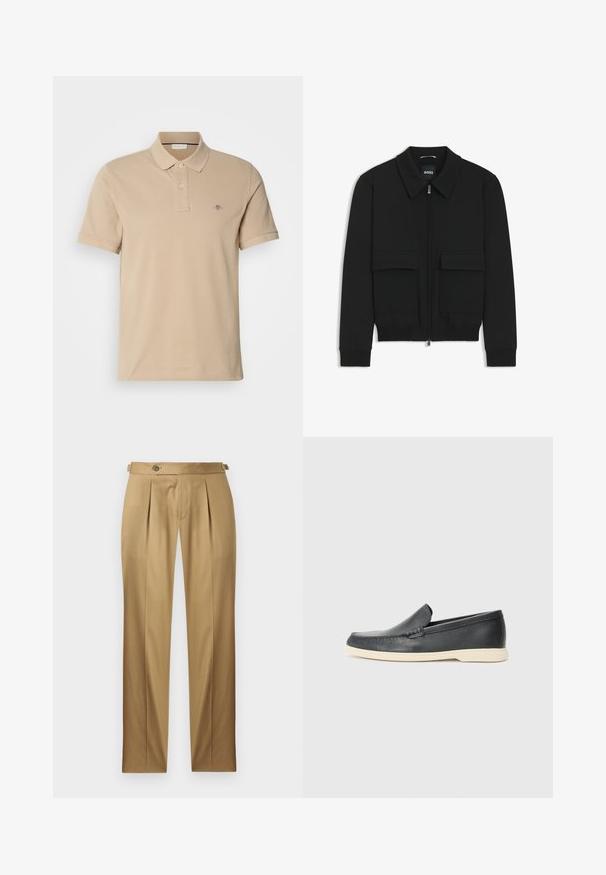 Zwarte bomberjack met een kraag, rits aan de voorkant en twee grote klepzakken. Heeft geribde manchetten en onderrand, gemaakt van textuurstof.; Beige polo shirt gemaakt van katoen, met een geknoopte kraag, korte mouwen en een klein geborduurd logo op de borst. Soepele textuur.; Beige broek met een rechte pasvorm, voorzien van plooien, een knoopsluiting en riemlussen. Gladde stof met een nette, op maat gemaakte uitstraling.; Zwarte leren instappers met een gestructureerde afwerking en een contrasterende beige rubberen zool. Beschikt over een subtiele accent langs de voorkant.
