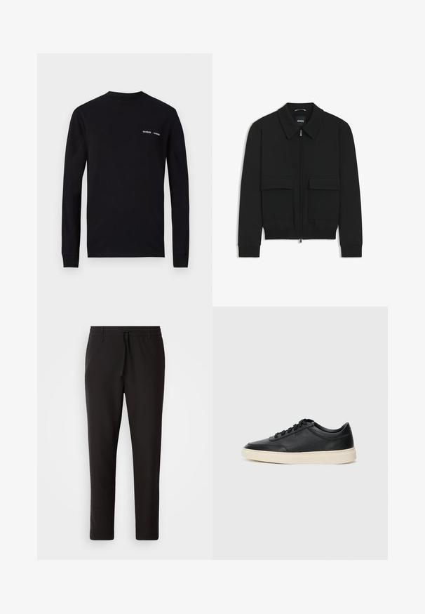 Musta pommikohva takki, jossa on kauluskulli, vetoketju etupuolella ja kaksi suurta läpällistä taskua. Varustettu ribbireunuksilla hihoissa ja helmassa, valmistettu teksturoituneesta kankaasta.; Musta pitkähihaista T-paitaa, joka on valmistettu puuvillasta. Siinä on pyöreä pääntie ja kaksinkertaiset valkoiset "SAMSØE"-logopainatukset vasemmassa rintataskussa.; Juoksuhousut mustasta sileästä kankaasta. Varustettu elastisella vyötärönauhalla ja nyörillä, supistuvat lahkeet ja ei näkyviä taskuja. Yksinkertainen muotoilu.; Musta matalavartinen nahkastretchu, jossa on mustat nauhat ja vaaleanharmaa pohja, esitetty sivuprofiilissa valkoista taustaa vasten.