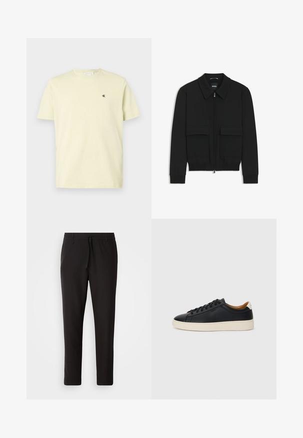 Giacca bomber nera con colletto, chiusura a zip frontale e due grandi tasche con patta. Presenta polsini e orlo a costine, realizzata in tessuto testurizzato.; T-shirt a maniche corte color beige chiaro con collo rotondo, dotato di piccolo logo "cK" nero sul lato sinistro del petto, presentato su uno sfondo neutro.; Pantaloni jogger neri realizzati in tessuto liscio. Presentano una vita elasticizzata con stringa, gambe affusolate e senza tasche visibili. Design semplice.; Sneakers in pelle nera con una texture liscia, suola in gomma beige, design con lacci e un accento del tacco in contrasto.