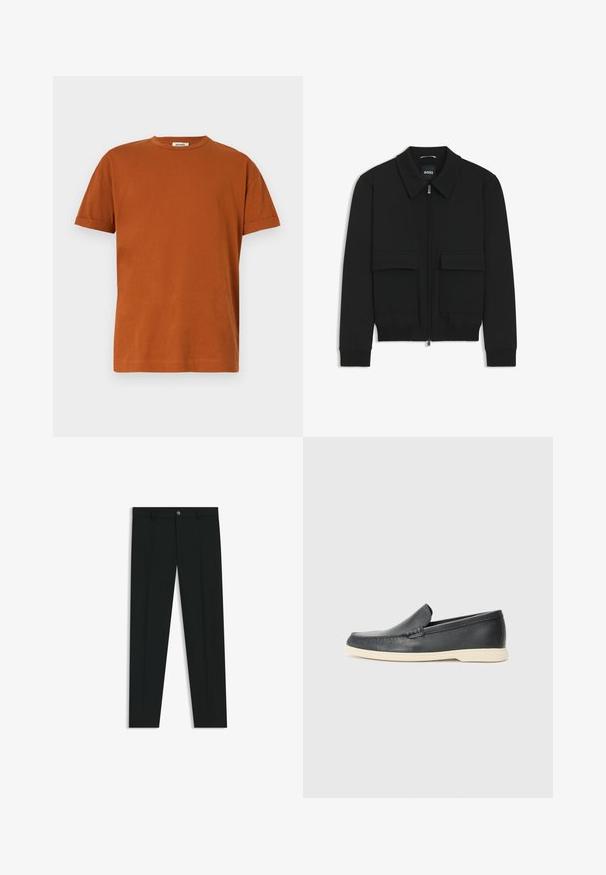 Black bomber jacket with a collared neck, zip front, and two large flap pockets. Features ribbed cuffs and hem, made of textured fabric.; Brown cotton T-shirt with a crew neckline, short sleeves, and rolled cuffs. Simple design, soft texture, and no visible patterns.; Black dress pants with a straight-leg design, made of smooth fabric. Features a front button closure and belt loops. Plain without patterns.; Black leather slip-on loafers with a textured finish and a contrasting beige rubber sole. Features a subtle accent along the front.