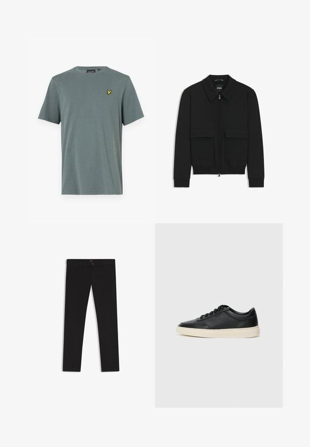 Sort bomberjakke med krave, lynlås foran og to store klaplommer. Har ribbede manchetter og bund, lavet af struktureret stof.; Grå kortærmet t-shirt lavet af blødt stof med et gult broderet logo på venstre bryst. Rund halsudskæring med standard pasform.; Sorte bukser lavet af stof med en glat tekstur. Har en knaplukning, bæltestropper og sidelommer. Standard design med lige ben.; Sort lavt top lædersneaker med sorte snørebånd og off-white sål vist i sideprofil på hvid baggrund.