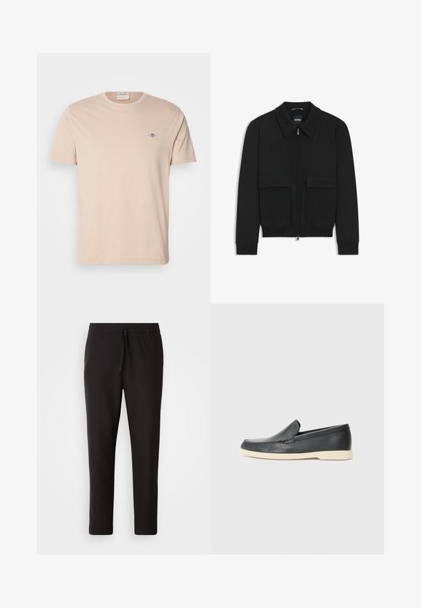 Black bomber jacket with a collared neck, zip front, and two large flap pockets. Features ribbed cuffs and hem, made of textured fabric.; Light beige cotton t-shirt with a crew neckline. Features a small embroidered logo on the left chest. Straight hem and short sleeves.; Black jogger pants made of smooth fabric. Feature an elastic waistband with a drawstring, tapered legs, and no visible pockets. Simple design.; Black leather slip-on loafers with a textured finish and a contrasting beige rubber sole. Features a subtle accent along the front.