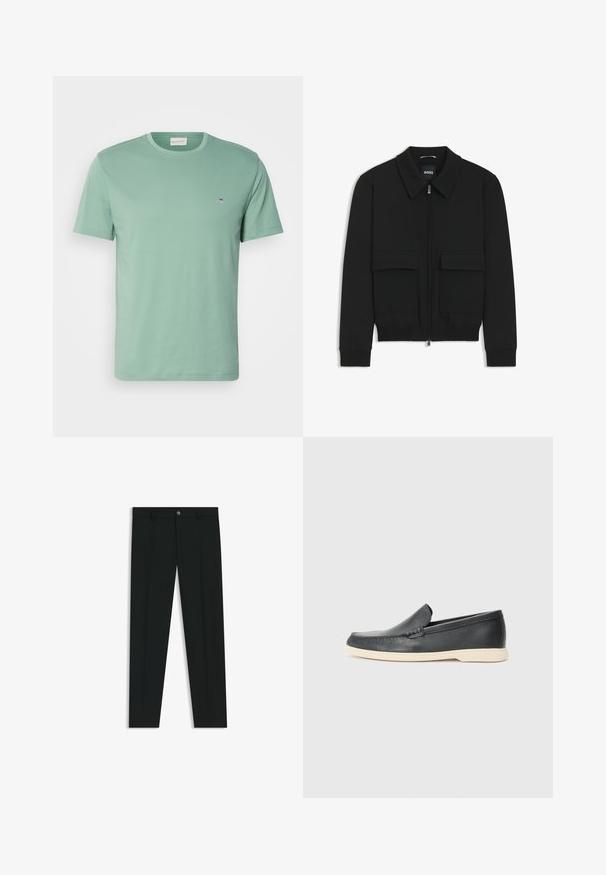 Giacca bomber nera con colletto, chiusura a zip frontale e due grandi tasche con patta. Presenta polsini e orlo a costine, realizzata in tessuto testurizzato.; T-shirt in cotone verde chiaro con collo rotondo, maniche corte e un piccolo emblema vicino al petto sinistro. Tessuto morbido, vestibilità normale.; Pantaloni neri in tessuto lisci, con design a gamba dritta. Presentano una chiusura frontale con bottone e passanti per cintura. Senza fantasie.; Mocassini neri in pelle con finitura testurizzata e suola in gomma beige a contrasto. Presentano un accento sottile lungo la parte anteriore.