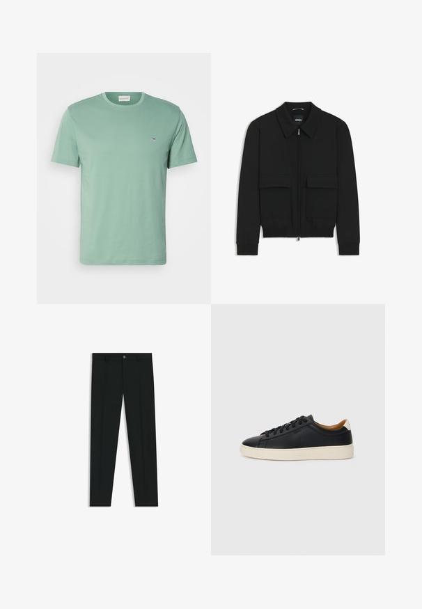 Schwarze Bikerjacke mit Kragen, Reißverschluss vorne und zwei großen Taschen mit Klappen. Mit Rippstrickbündchen und Saum, aus strukturiertem Stoff gefertigt.; Hellgrünes Baumwoll-T-Shirt mit Rundhalsausschnitt, kurzen Ärmeln und einem kleinen Emblem in der Nähe der linken Brust. Weicher Stoff, normale Passform.; Schwarze Anzughosen mit geradem Bein, aus glattem Stoff. Mit Knopfverschluss vorne und Gürtelschlaufen. Schlicht ohne Muster.; Schwarze Ledersneaker mit glatter Textur, beiger Gummisohle, Schnürdesign und einem kontrastierenden Fersenakzent.
