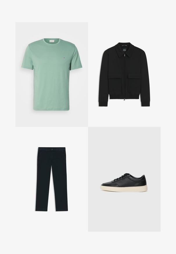 Zwarte bomberjack met een kraag, rits aan de voorkant en twee grote klepzakken. Heeft geribde manchetten en onderrand, gemaakt van textuurstof.; Lichtgroene katoen t-shirt met een ronde hals, korte mouwen en een klein embleem nabij de linkerborst. Zachte textuur, reguliere pasvorm.; Donkerblauwe chino's gemaakt van een katoenmix stof. Voorzien van riemlussen, front pockets en een rits met knoopsluiting.; Zwarte leren sneaker met lage schacht, zwarte veters en off-white zool, weergegeven in zijprofiel op een witte achtergrond.
