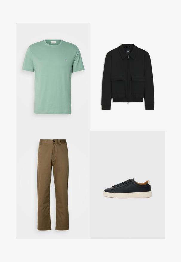 Schwarze Bikerjacke mit Kragen, Reißverschluss vorne und zwei großen Taschen mit Klappen. Mit Rippstrickbündchen und Saum, aus strukturiertem Stoff gefertigt.; Hellgrünes Baumwoll-T-Shirt mit Rundhalsausschnitt, kurzen Ärmeln und einem kleinen Emblem in der Nähe der linken Brust. Weicher Stoff, normale Passform.; Braune, gerade geschnittene Hosen aus gewebtem Stoff. Mit Knopfverschluss, seitlichen Taschen und einer glatten Textur. Taillierte Passform.; Schwarze Ledersneaker mit glatter Textur, beiger Gummisohle, Schnürdesign und einem kontrastierenden Fersenakzent.