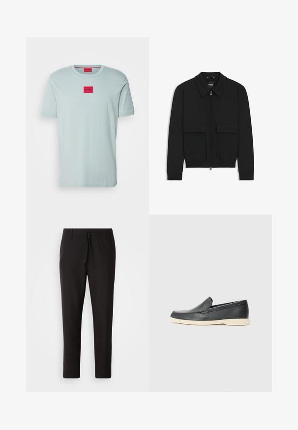 Black bomber jacket with a collared neck, zip front, and two large flap pockets. Features ribbed cuffs and hem, made of textured fabric.; HUGO DIRAGOLINO - Basic T-shirt - open grey; Black jogger pants made of smooth fabric. Feature an elastic waistband with a drawstring, tapered legs, and no visible pockets. Simple design.; Black leather slip-on loafers with a textured finish and a contrasting beige rubber sole. Features a subtle accent along the front.